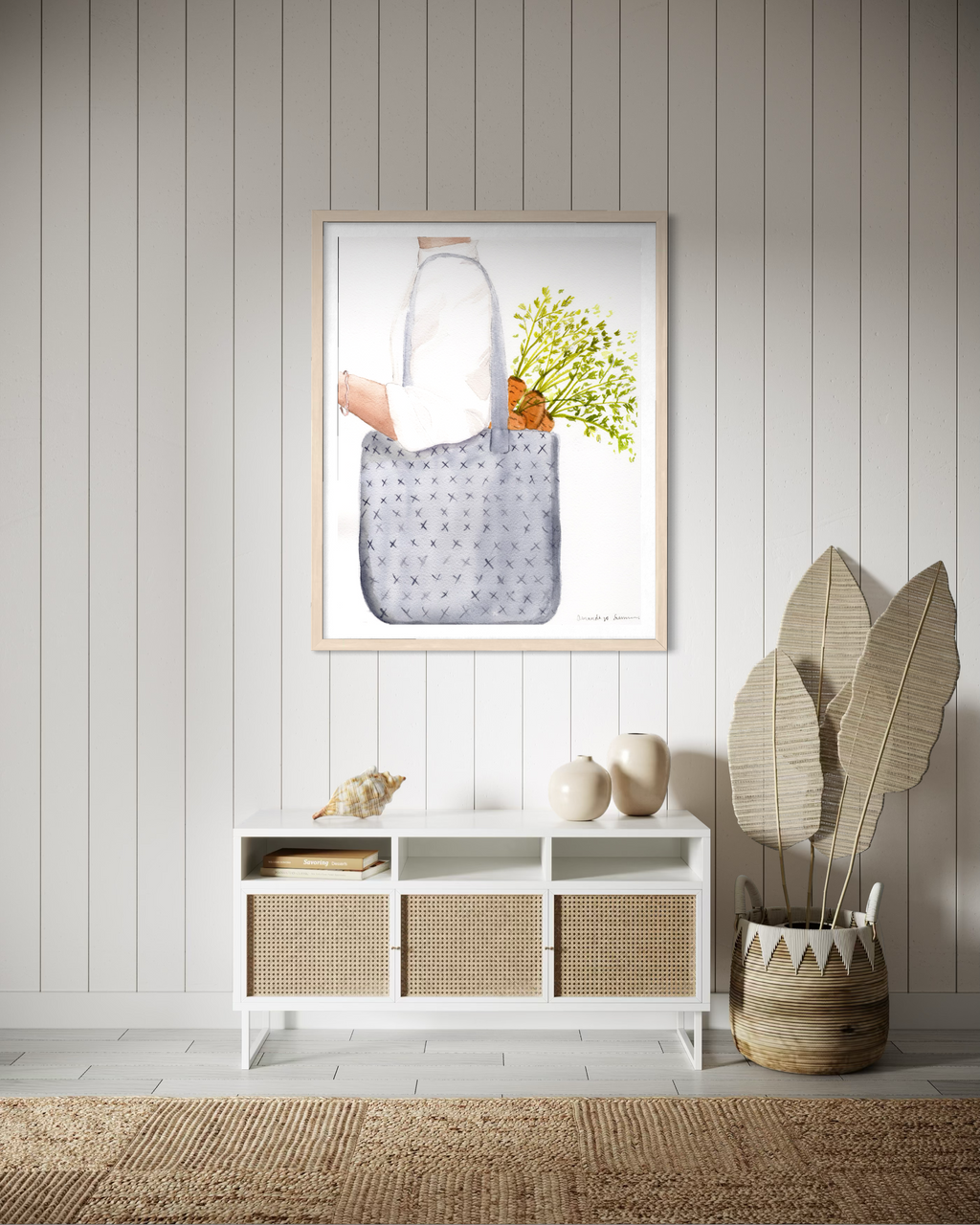 Hand-painted watercolor art of garden-fresh carrots in a market tote. Modern farmhouse kitchen decor in neutral tones with vibrant green accents, part of a seasonal Farmers Market collection.