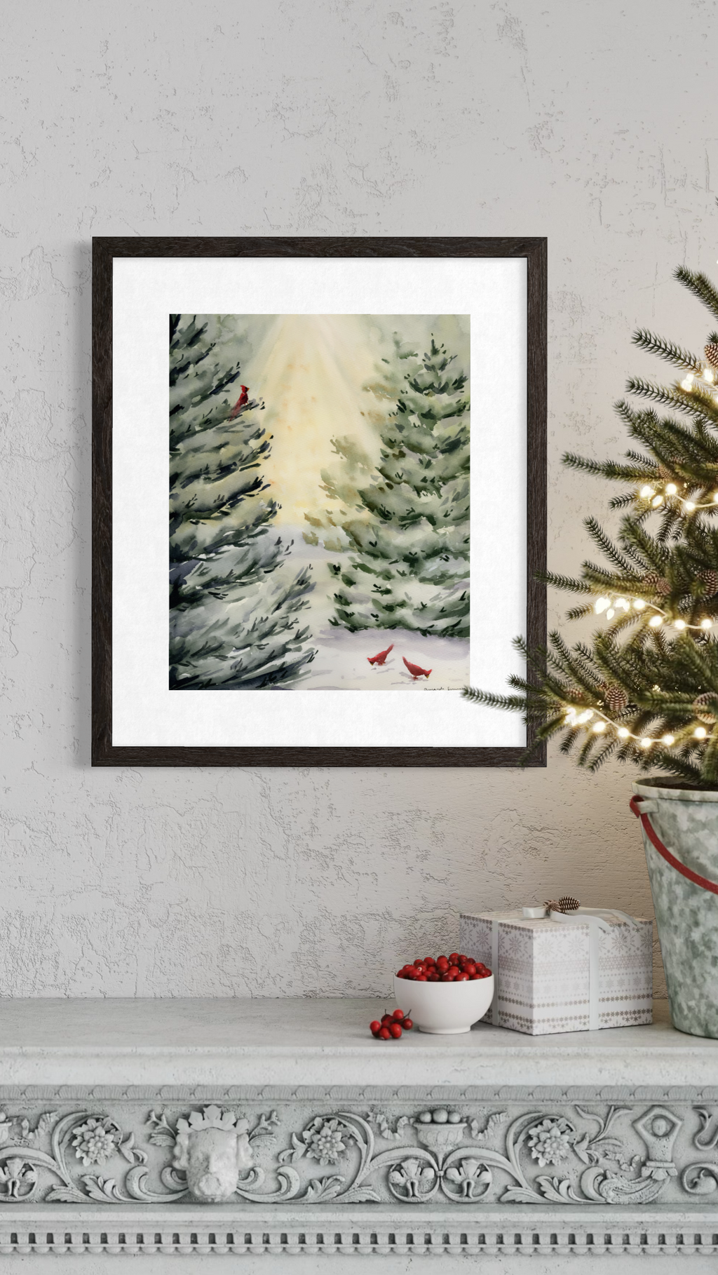 Original watercolor painting titled "Winter Morning," showing snow-draped evergreens backlit by morning sun, with three vibrant red cardinals resting in the branches and snowy path.