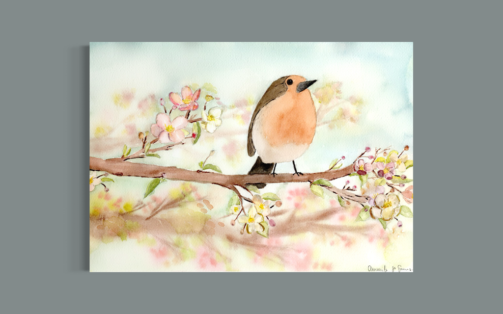 A minimalist watercolor painting of an orange-breasted robin perched on a flowering branch with pink cherry blossoms. A sophisticated, hand-painted piece for a spring art collection.