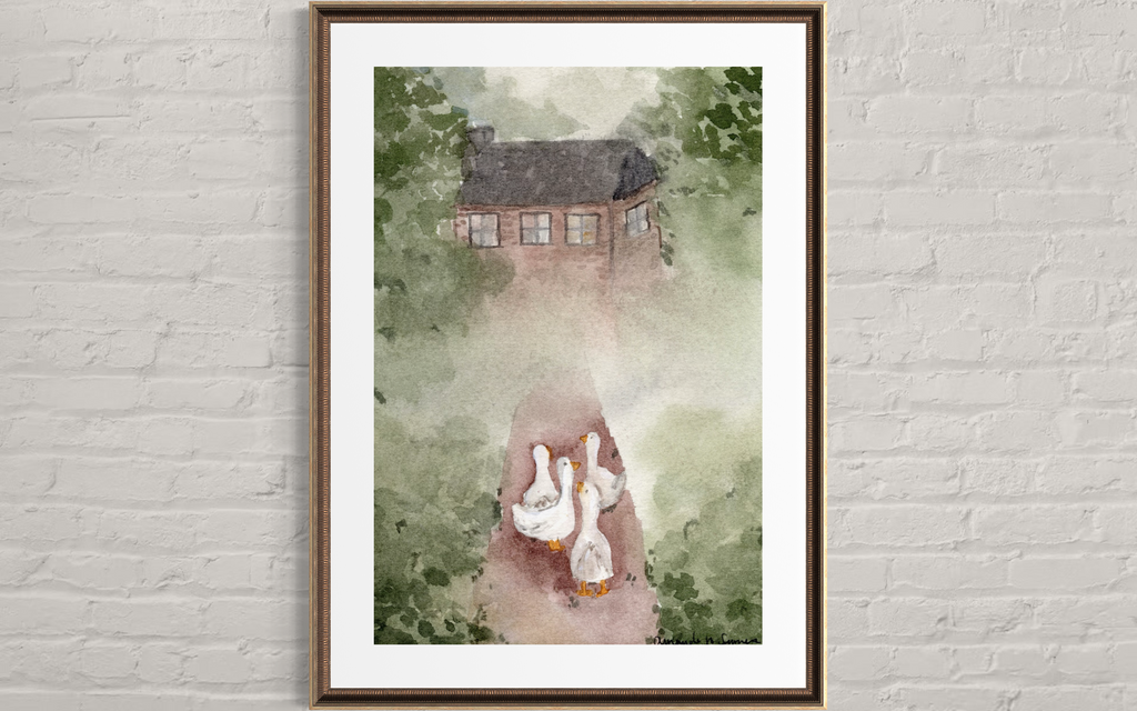 A soft watercolor painting of a stone cottage hidden in the mist with lush green trees. In the foreground, four white geese walk down a dirt path toward the viewer. The style is atmospheric and serene with earthy tones.