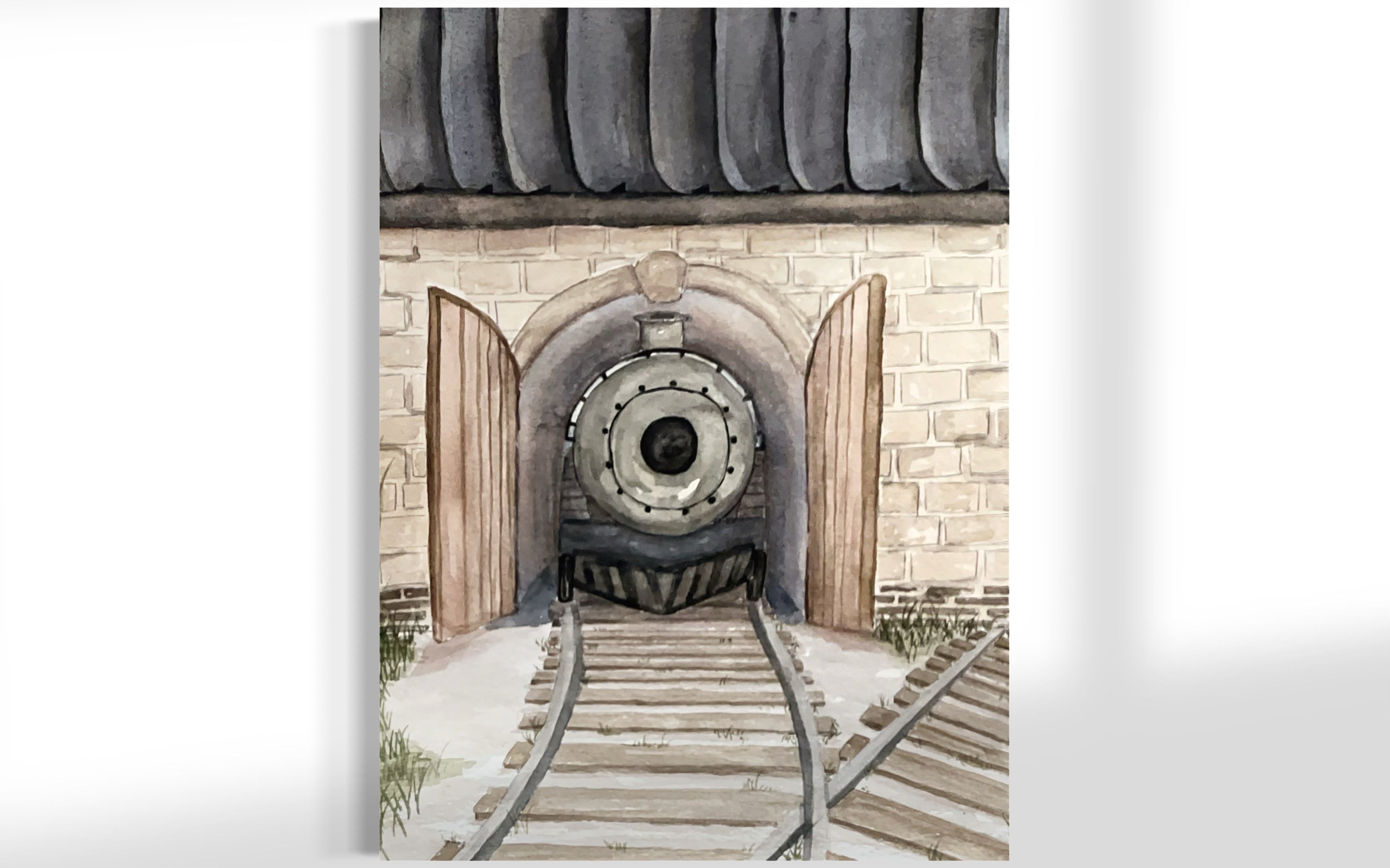 A vintage steam engine locomotive emerging from a stone tunnel, hand-painted in a sophisticated watercolor style with muted greys, tans, and charcoal tones.