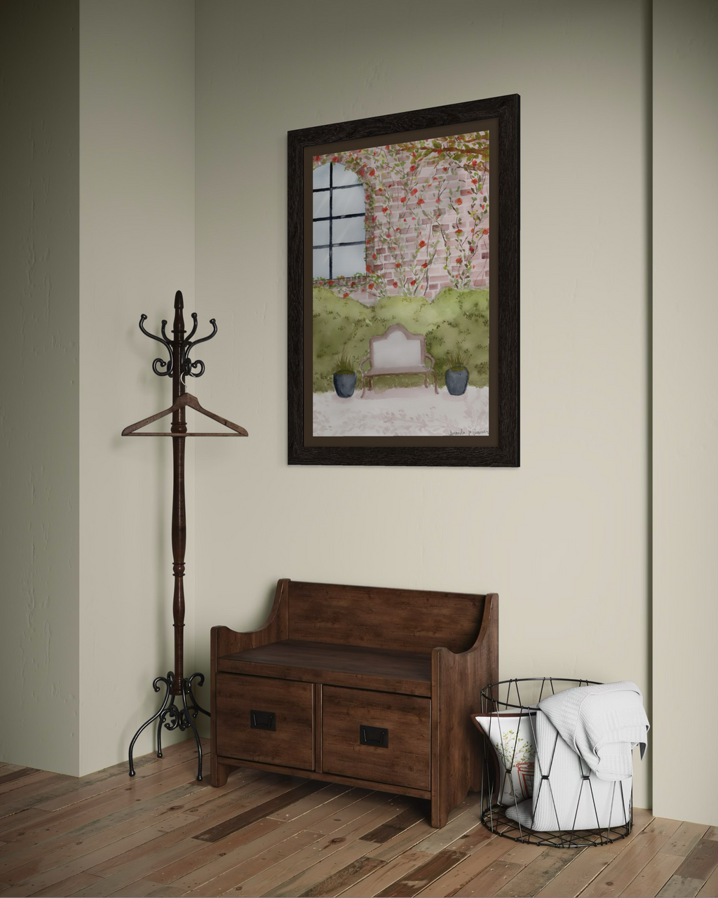 Watercolor painting of a garden courtyard featuring a classic metal bench, potted ornamental grasses, and an arched window set in a brick wall covered with blooming pink climbing roses.