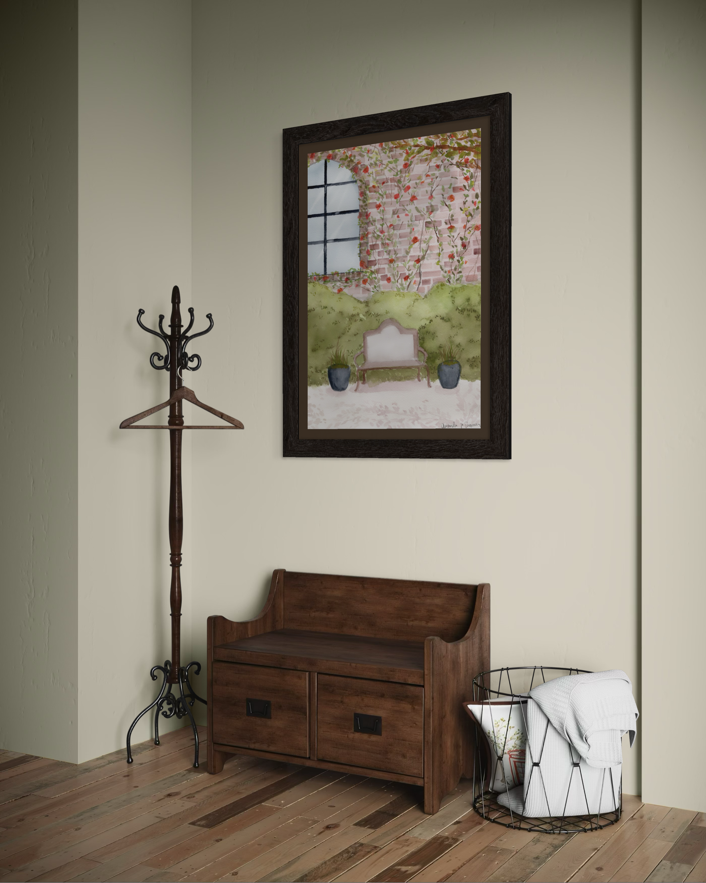 Watercolor painting of a garden courtyard featuring a classic metal bench, potted ornamental grasses, and an arched window set in a brick wall covered with blooming pink climbing roses.