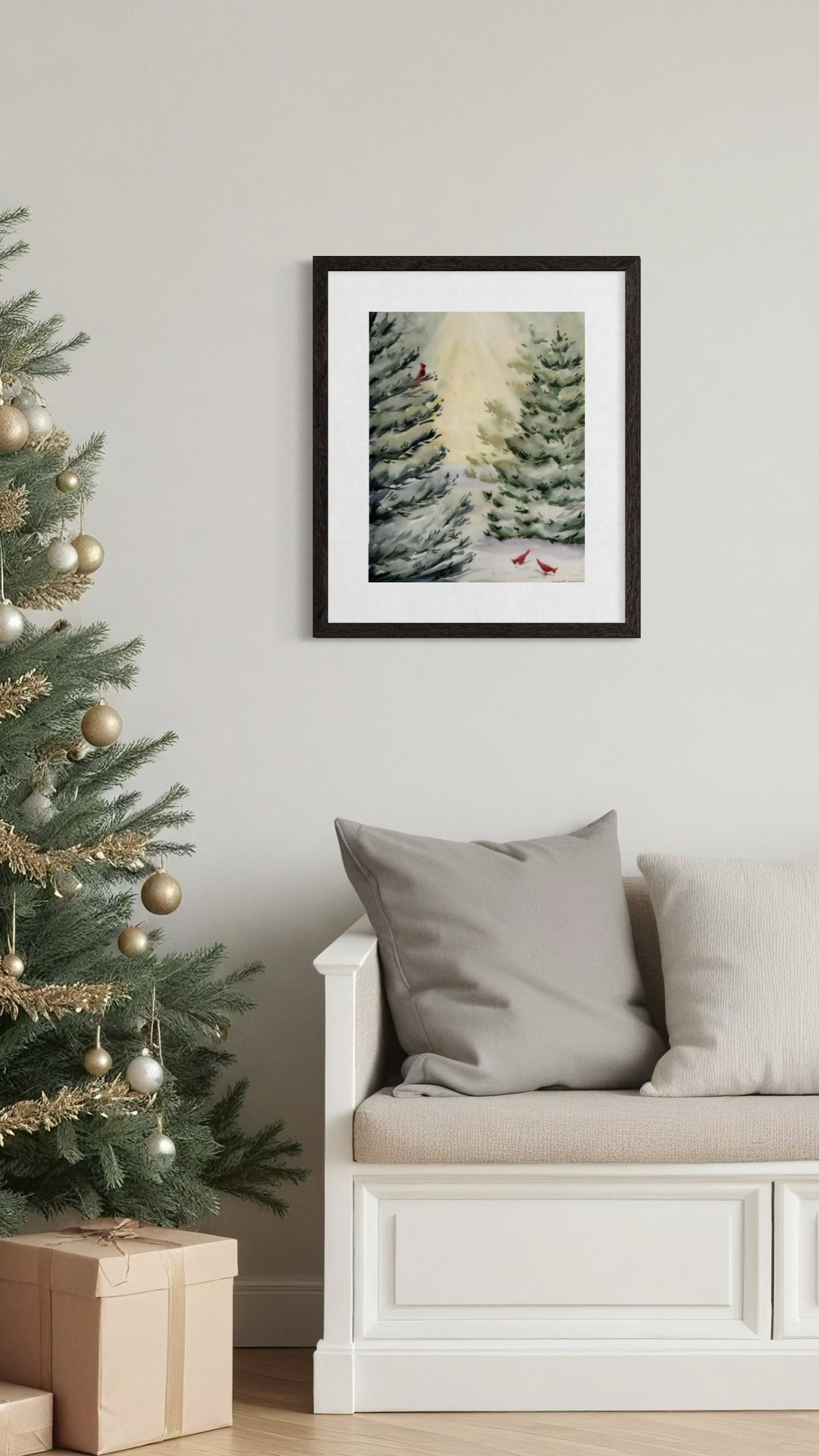 Original watercolor painting titled "Winter Morning," showing snow-draped evergreens backlit by morning sun, with three vibrant red cardinals resting in the branches and snowy path.