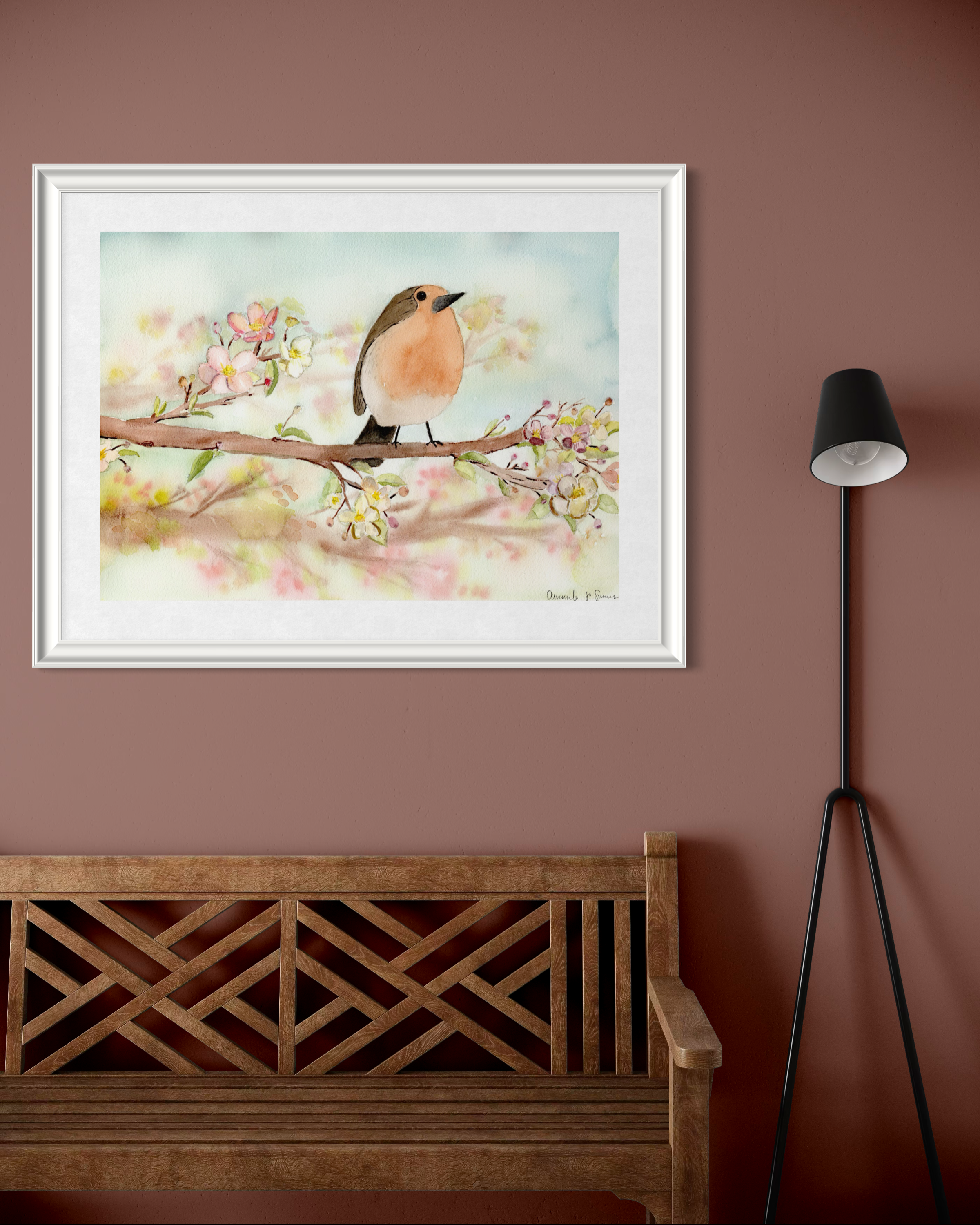 A minimalist watercolor painting of an orange-breasted robin perched on a flowering branch with pink cherry blossoms. A sophisticated, hand-painted piece for a spring art collection.