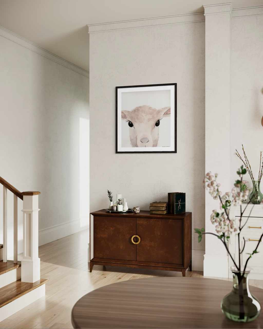 Minimalist watercolor lamb portrait in neutral tones, featuring high-detail soulful eyes and soft beige textures, perfect for a sophisticated Easter photo backdrop or spring gallery wall.
