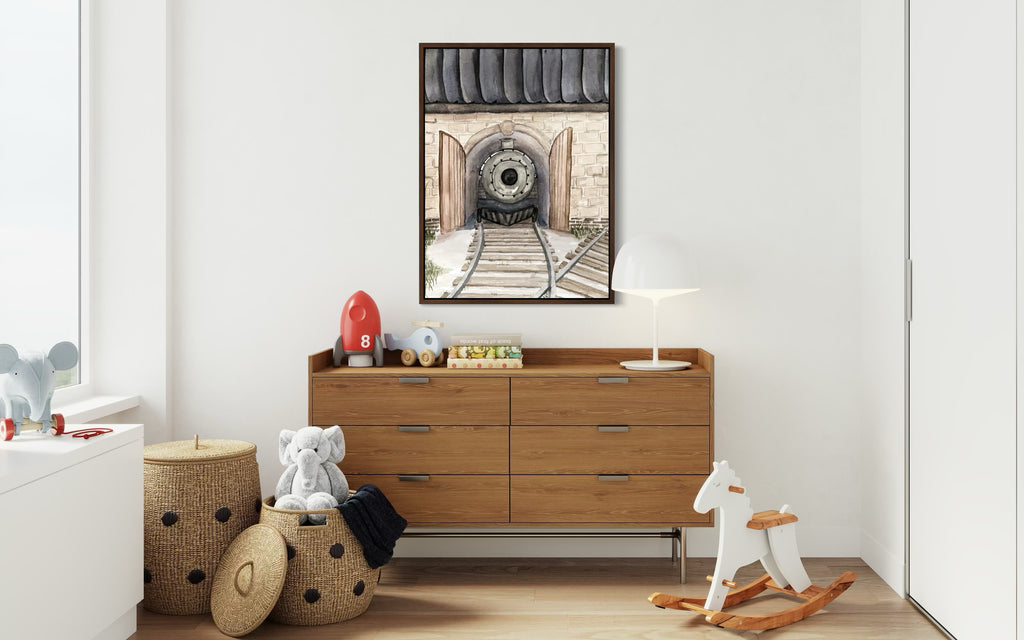 A vintage steam engine locomotive emerging from a stone tunnel, hand-painted in a sophisticated watercolor style with muted greys, tans, and charcoal tones.