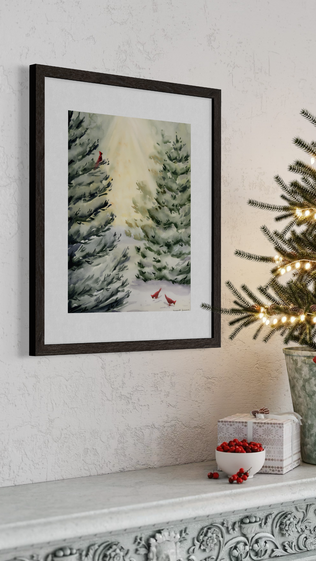 Original watercolor painting titled "Winter Morning," showing snow-draped evergreens backlit by morning sun, with three vibrant red cardinals resting in the branches and snowy path.