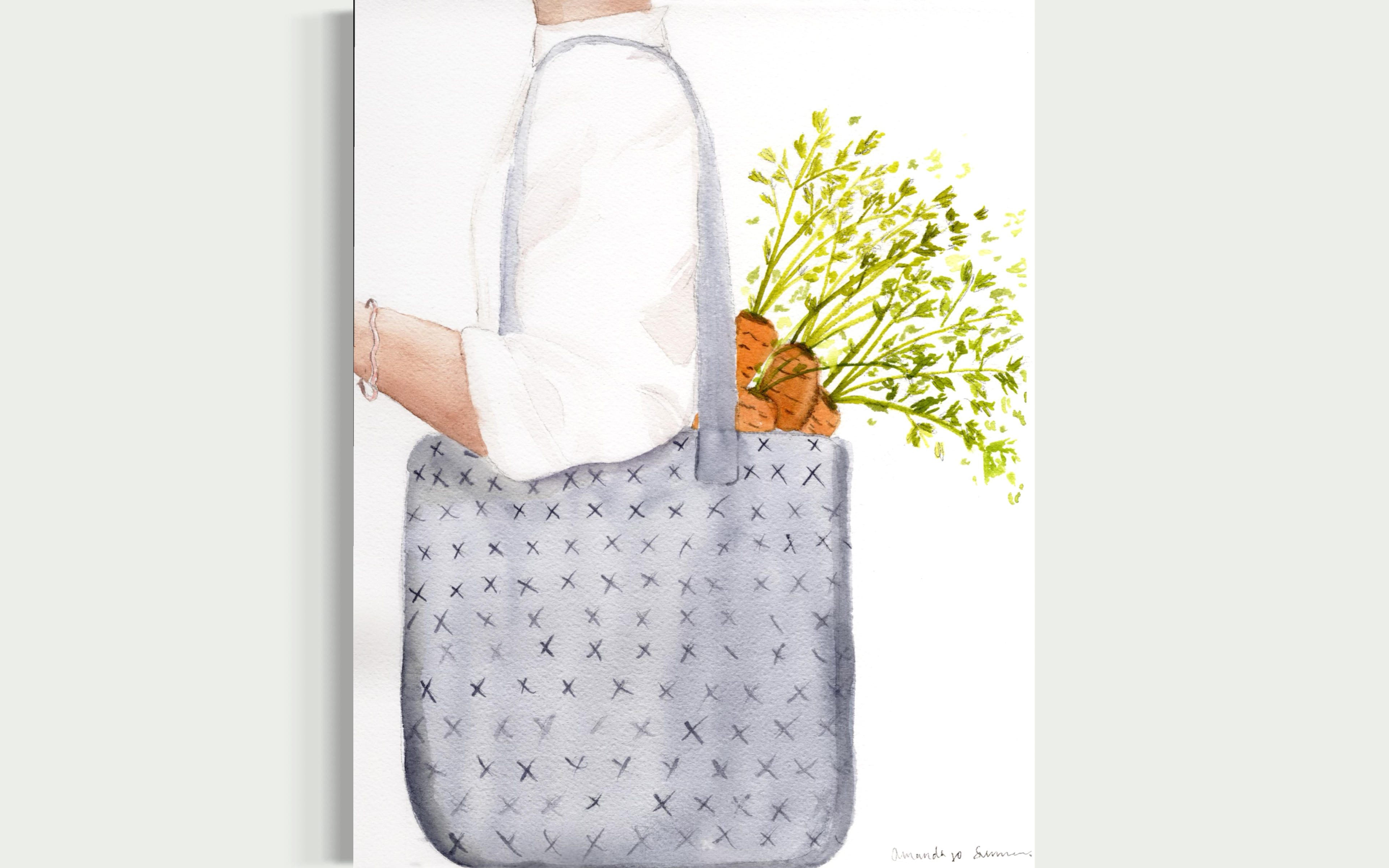 Hand-painted watercolor art of garden-fresh carrots in a market tote. Modern farmhouse kitchen decor in neutral tones with vibrant green accents, part of a seasonal Farmers Market collection.