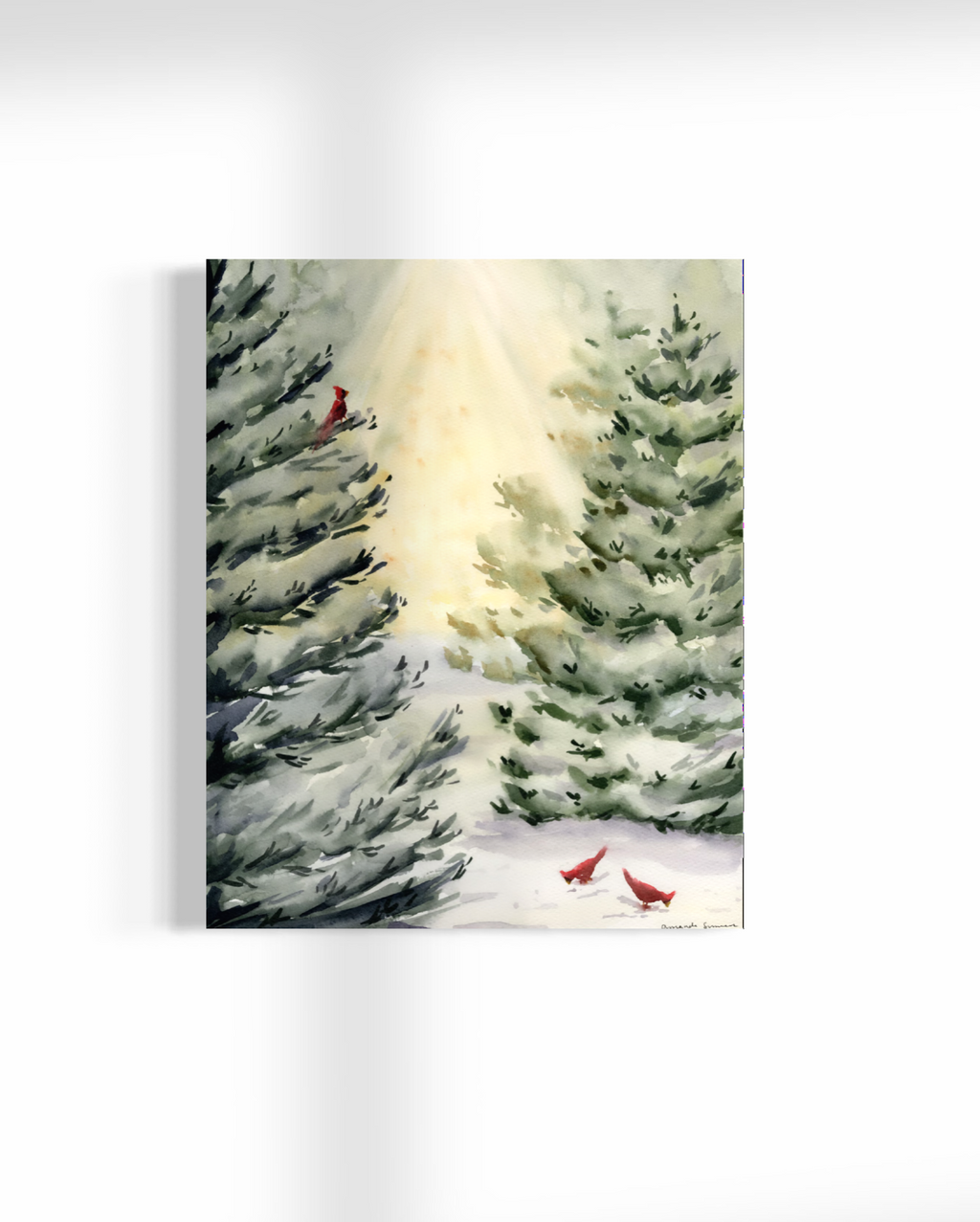 Original watercolor painting titled "Winter Morning," showing snow-draped evergreens backlit by morning sun, with three vibrant red cardinals resting in the branches and snowy path.