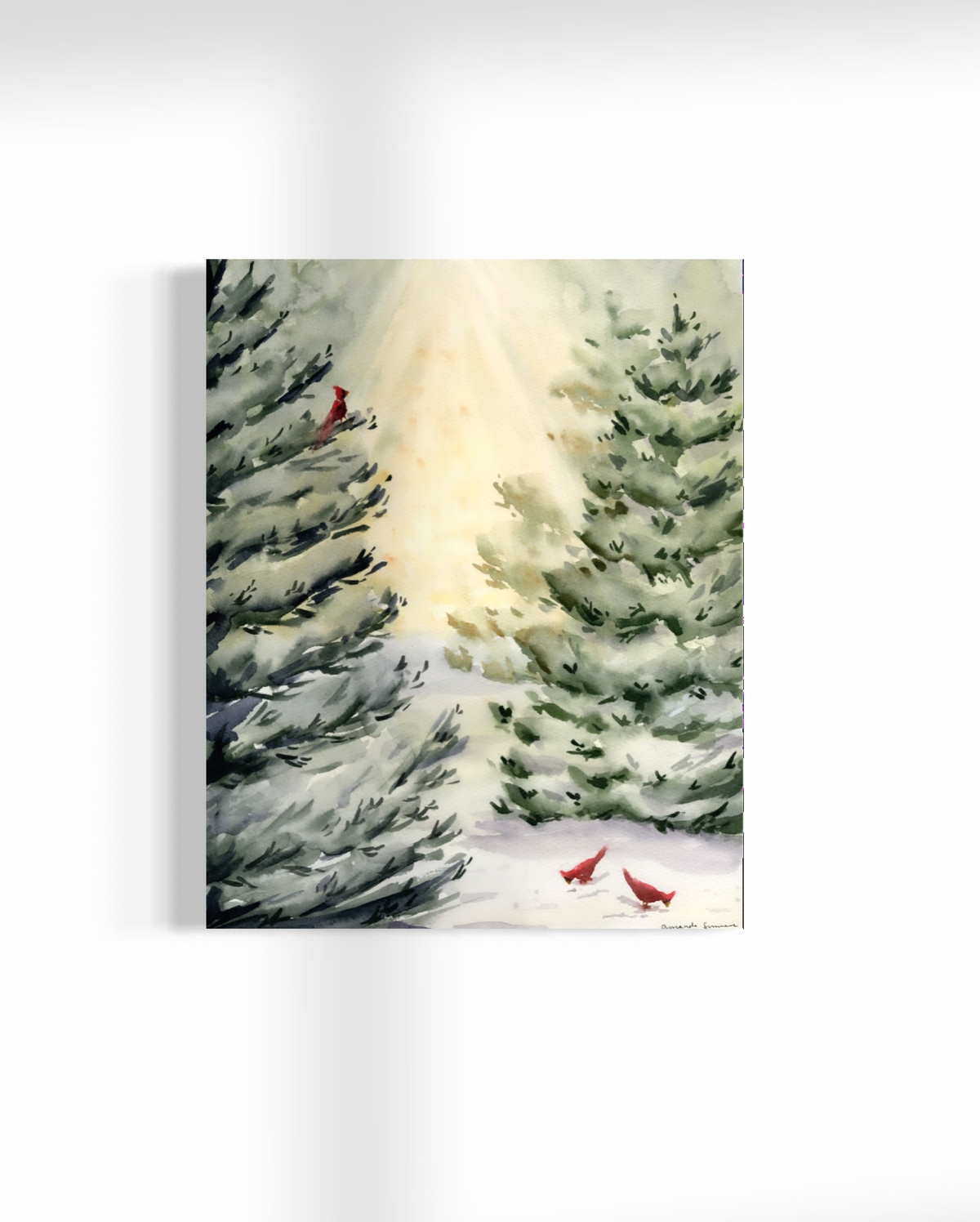 Original watercolor painting titled "Winter Morning," showing snow-draped evergreens backlit by morning sun, with three vibrant red cardinals resting in the branches and snowy path.