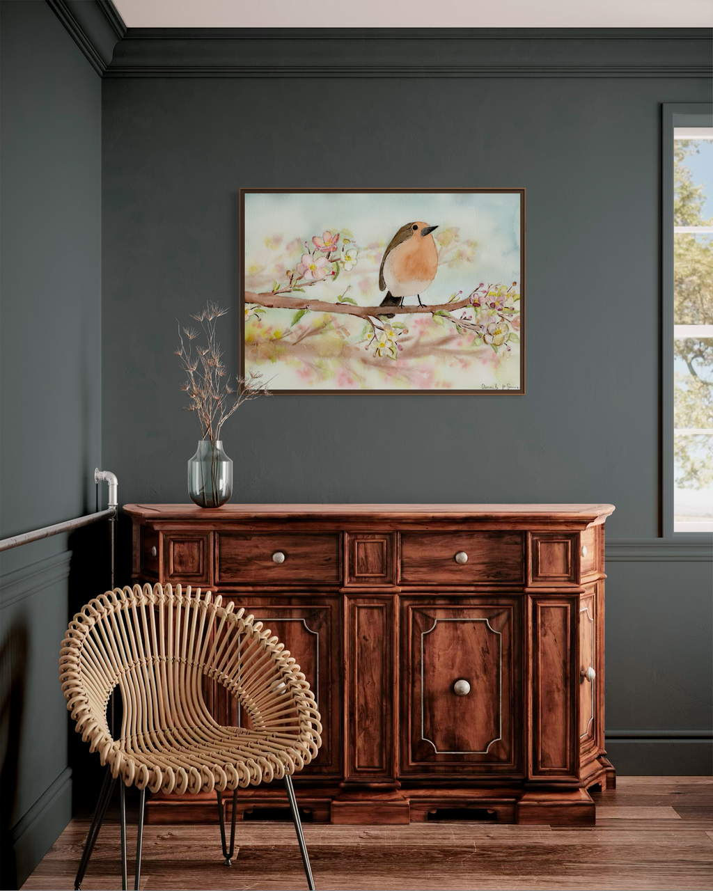 A minimalist watercolor painting of an orange-breasted robin perched on a flowering branch with pink cherry blossoms. A sophisticated, hand-painted piece for a spring art collection.