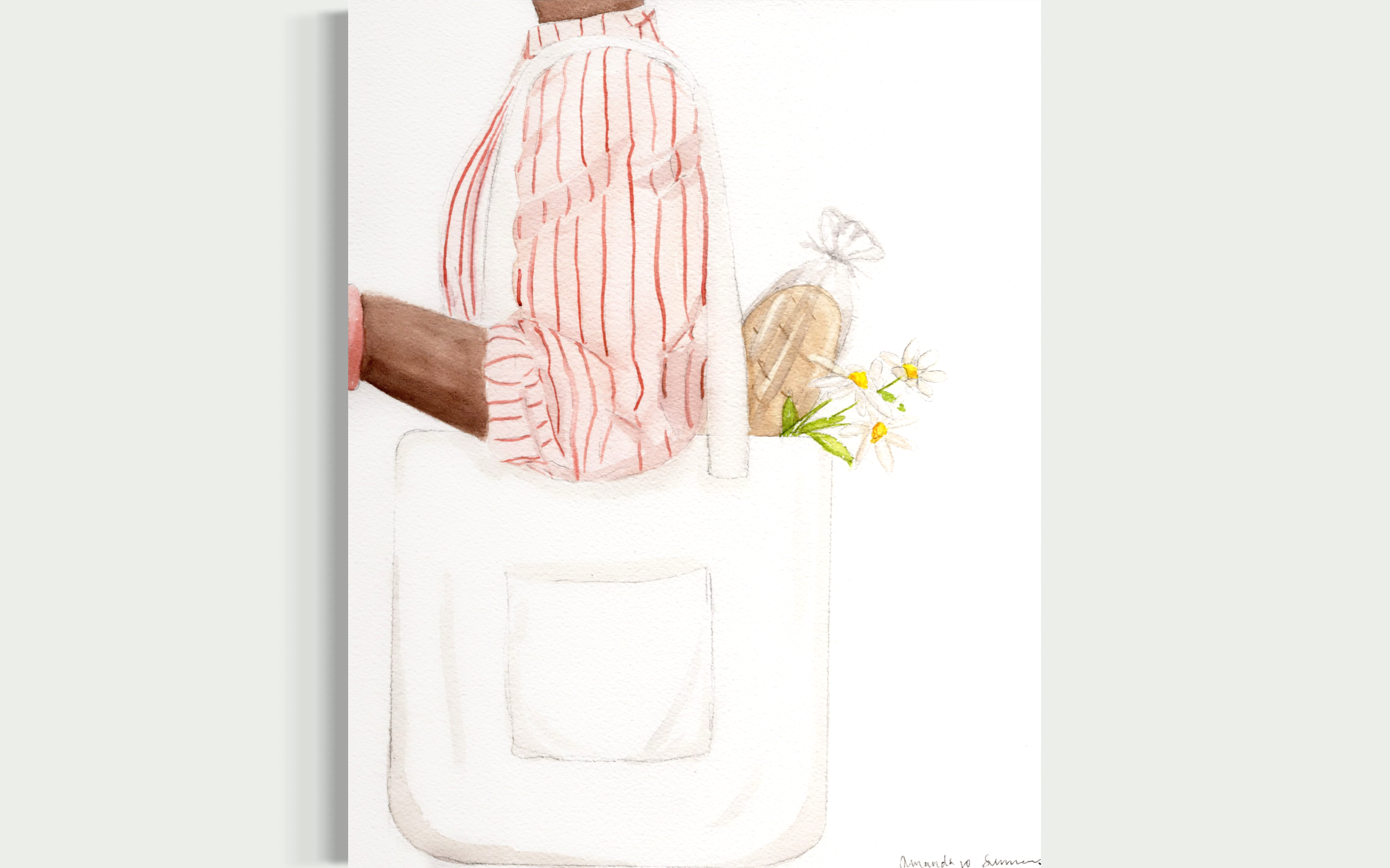 A minimalist watercolor painting of a person in a striped shirt carrying a white tote bag with a fresh baguette and daisies. A sophisticated, hand-painted piece for a Farmers Market or spring art collection.