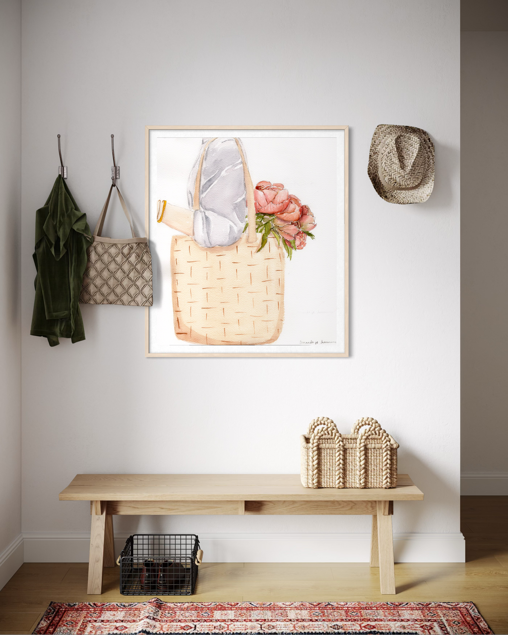 A minimalist watercolor painting of a person carrying a woven straw market bag filled with blooming coral peonies. A sophisticated, hand-painted illustration for a Farmers Market or spring art collection