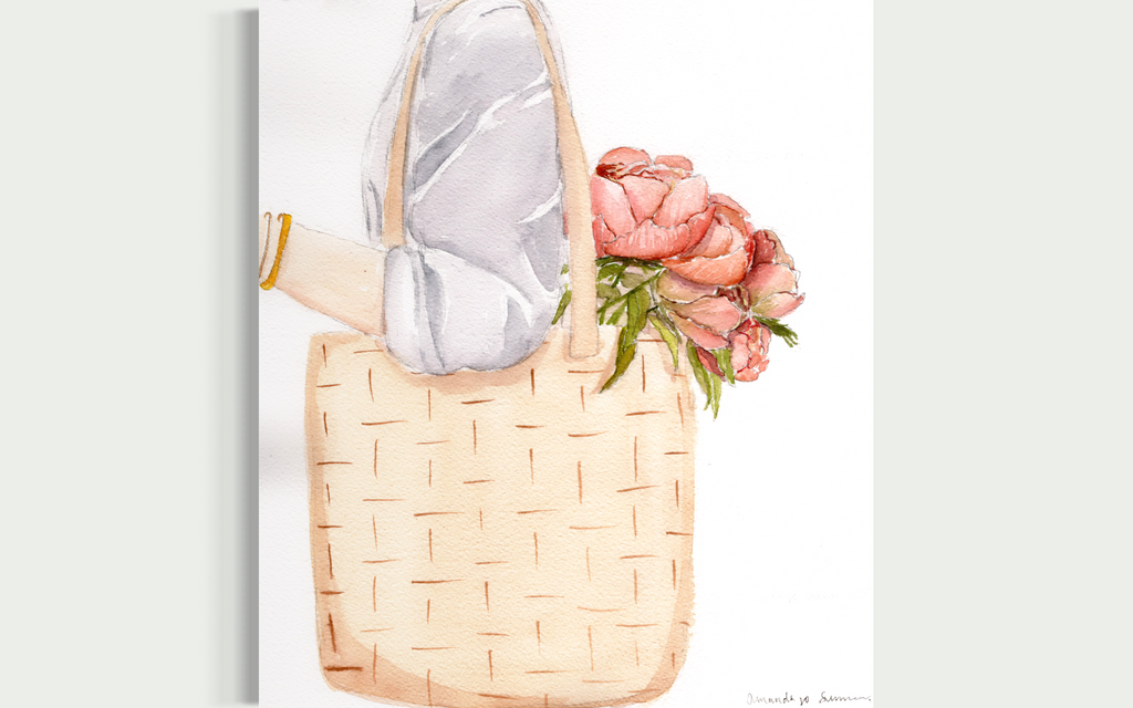 Hand-painted watercolor art of garden-fresh carrots in a market tote. Modern farmhouse kitchen decor in neutral tones with vibrant green accents, part of a seasonal Farmers Market collection.