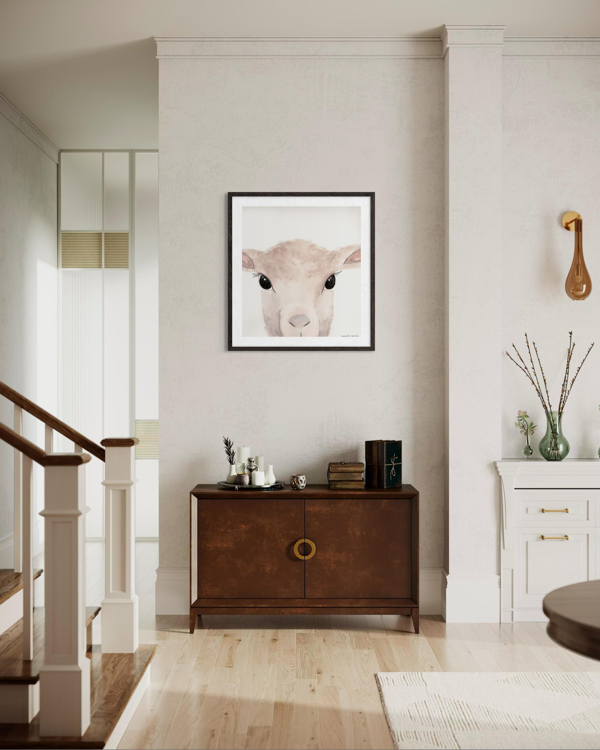 Minimalist watercolor lamb portrait in neutral tones, featuring high-detail soulful eyes and soft beige textures, perfect for a sophisticated Easter photo backdrop or spring gallery wall.