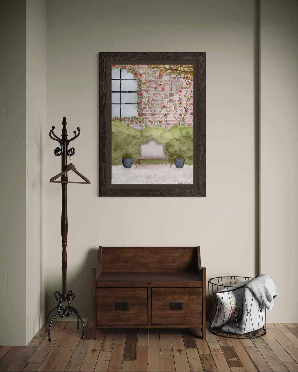 Watercolor painting of a garden courtyard featuring a classic metal bench, potted ornamental grasses, and an arched window set in a brick wall covered with blooming pink climbing roses.