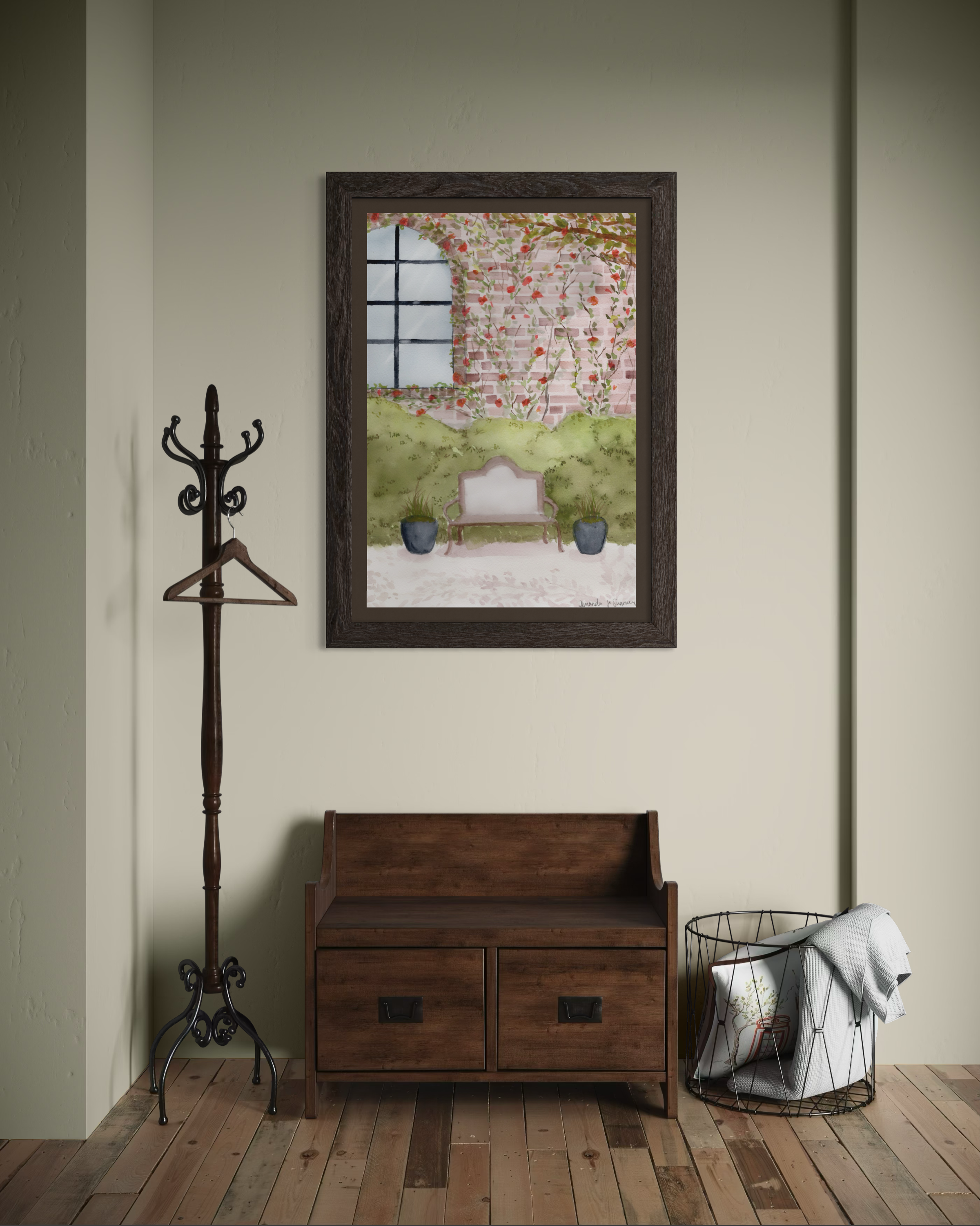 Watercolor painting of a garden courtyard featuring a classic metal bench, potted ornamental grasses, and an arched window set in a brick wall covered with blooming pink climbing roses.