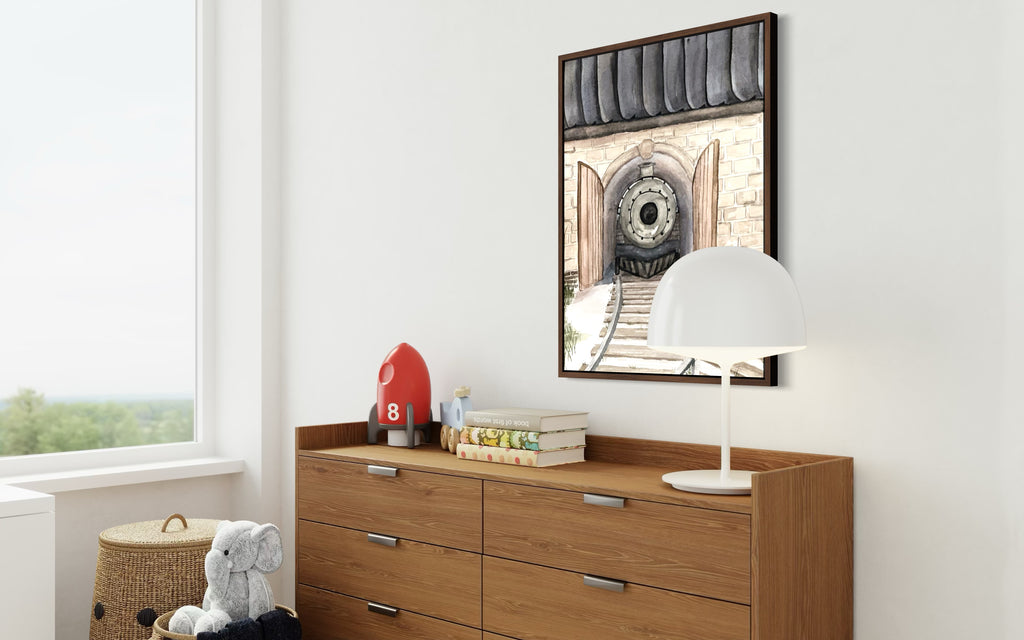 A vintage steam engine locomotive emerging from a stone tunnel, hand-painted in a sophisticated watercolor style with muted greys, tans, and charcoal tones.