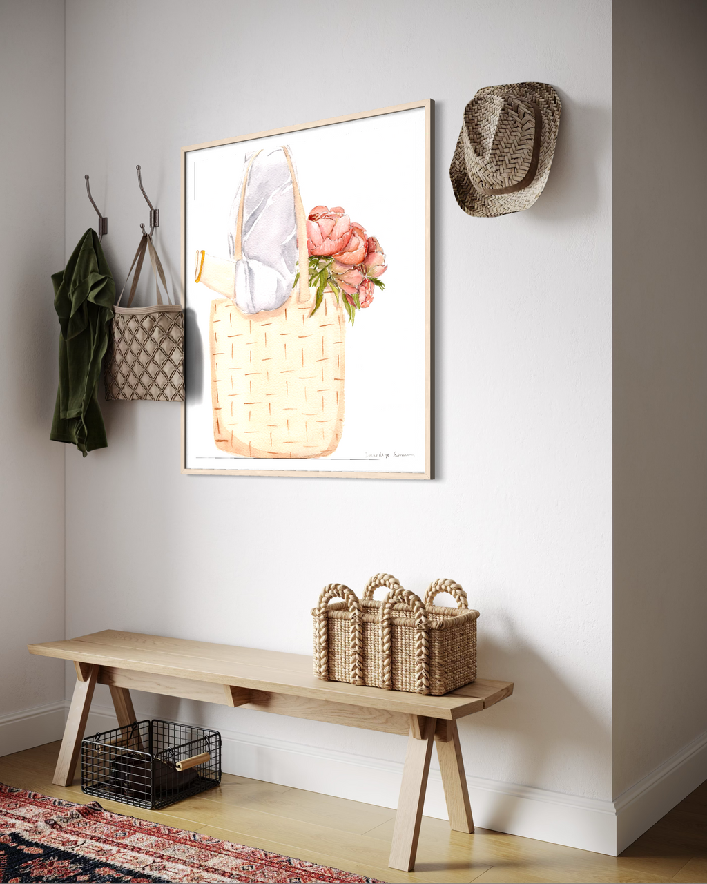A minimalist watercolor painting of a person carrying a woven straw market bag filled with blooming coral peonies. A sophisticated, hand-painted illustration for a Farmers Market or spring art collection