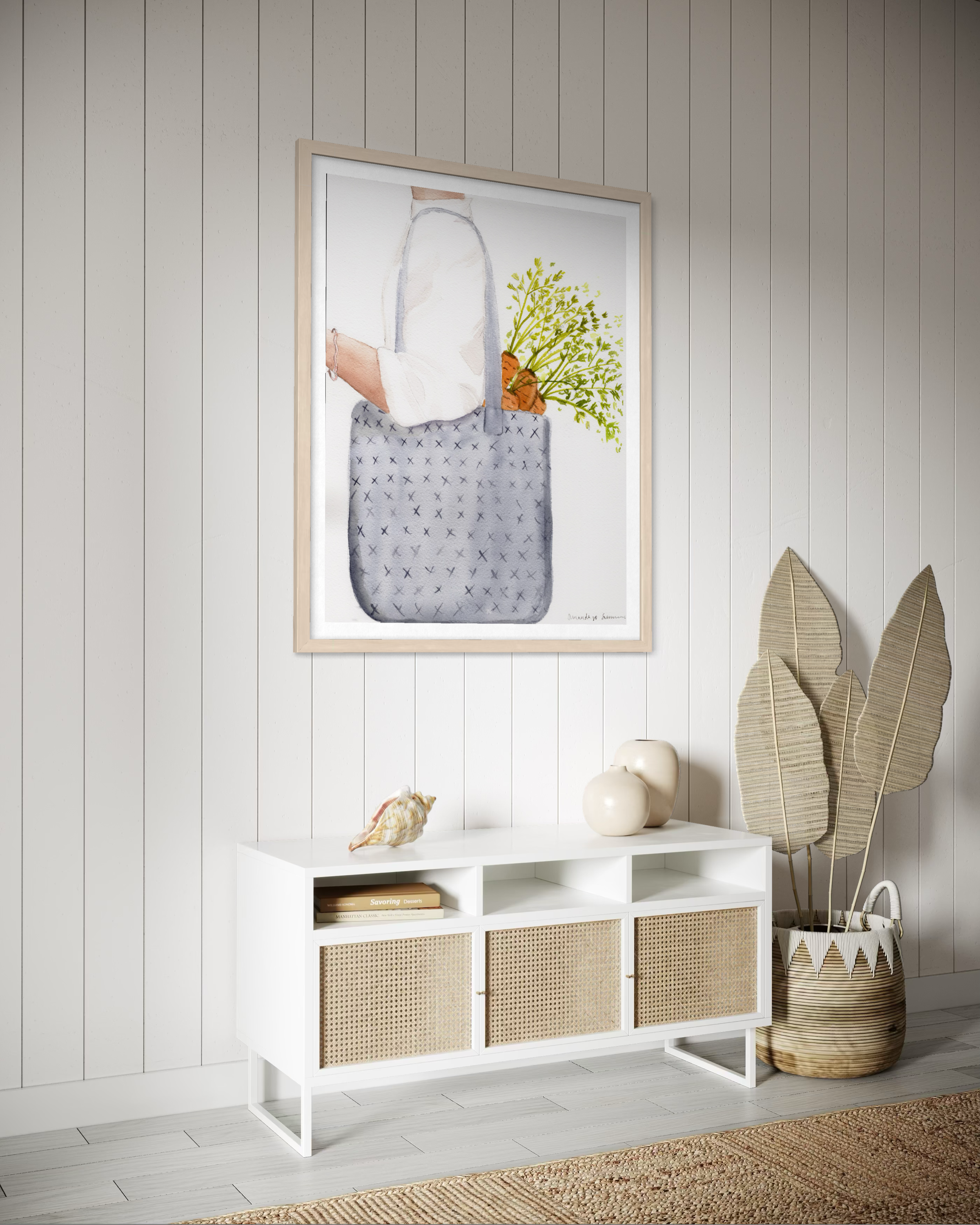 Hand-painted watercolor art of garden-fresh carrots in a market tote. Modern farmhouse kitchen decor in neutral tones with vibrant green accents, part of a seasonal Farmers Market collection.