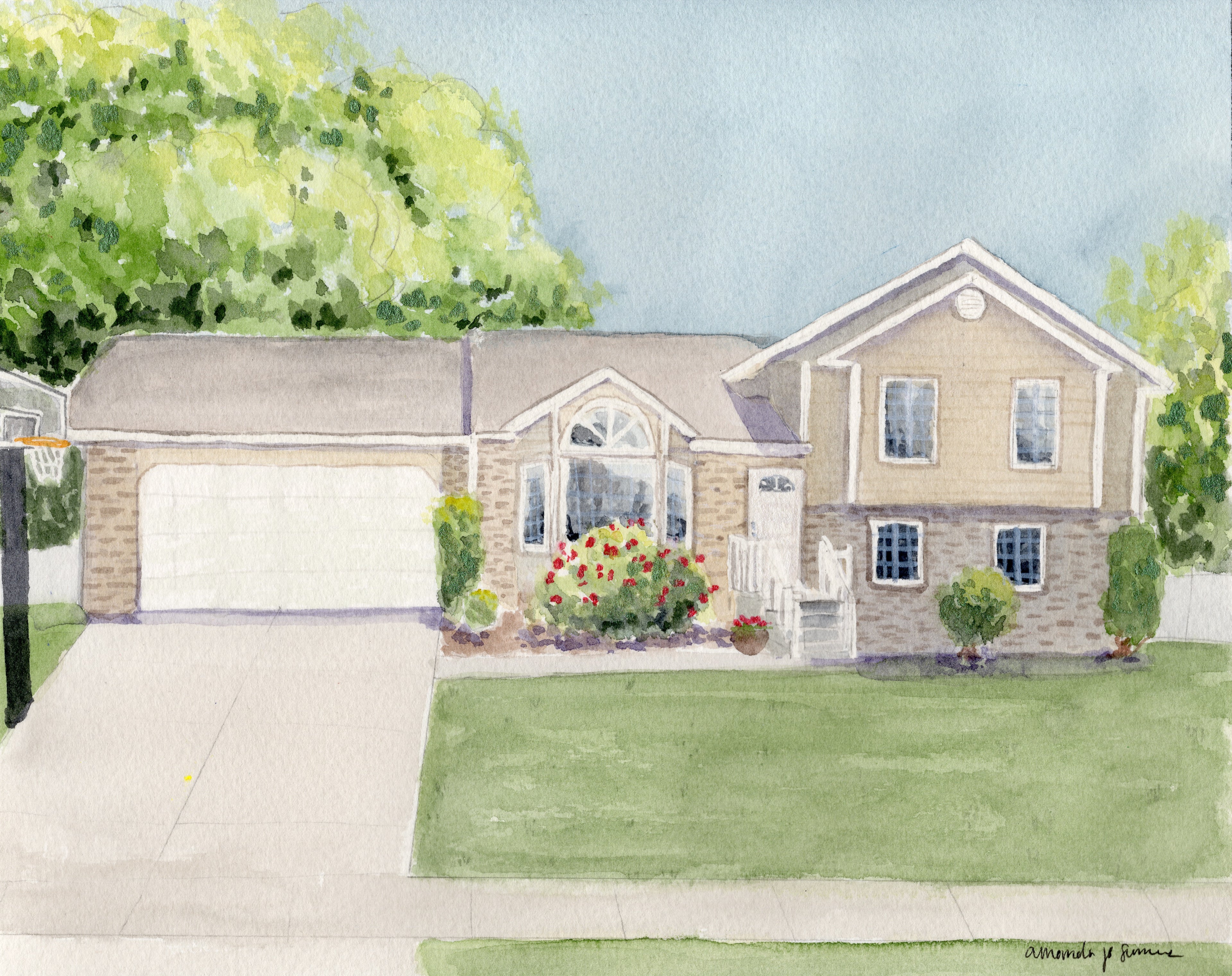 Watercolor painting of a suburban house with a garage, front yard, lawn, trees, and a pale blue sky. The house has beige siding, a gray roof, and small red flower accents near the entrance.